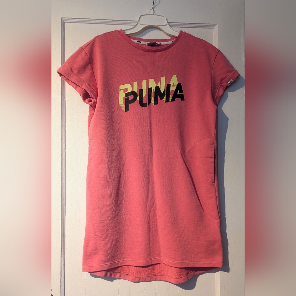 PUMA Women's Pink Short Sleeve Comfy T-Shirt Dress With a Logo. Size Small